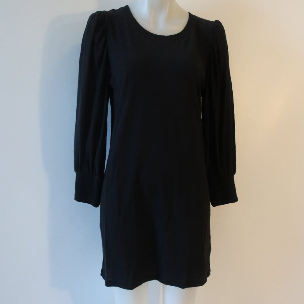 NWT Womens Nation LTD Loren Smocked Jet Black Puff Sleeve T-Shirt Dress M